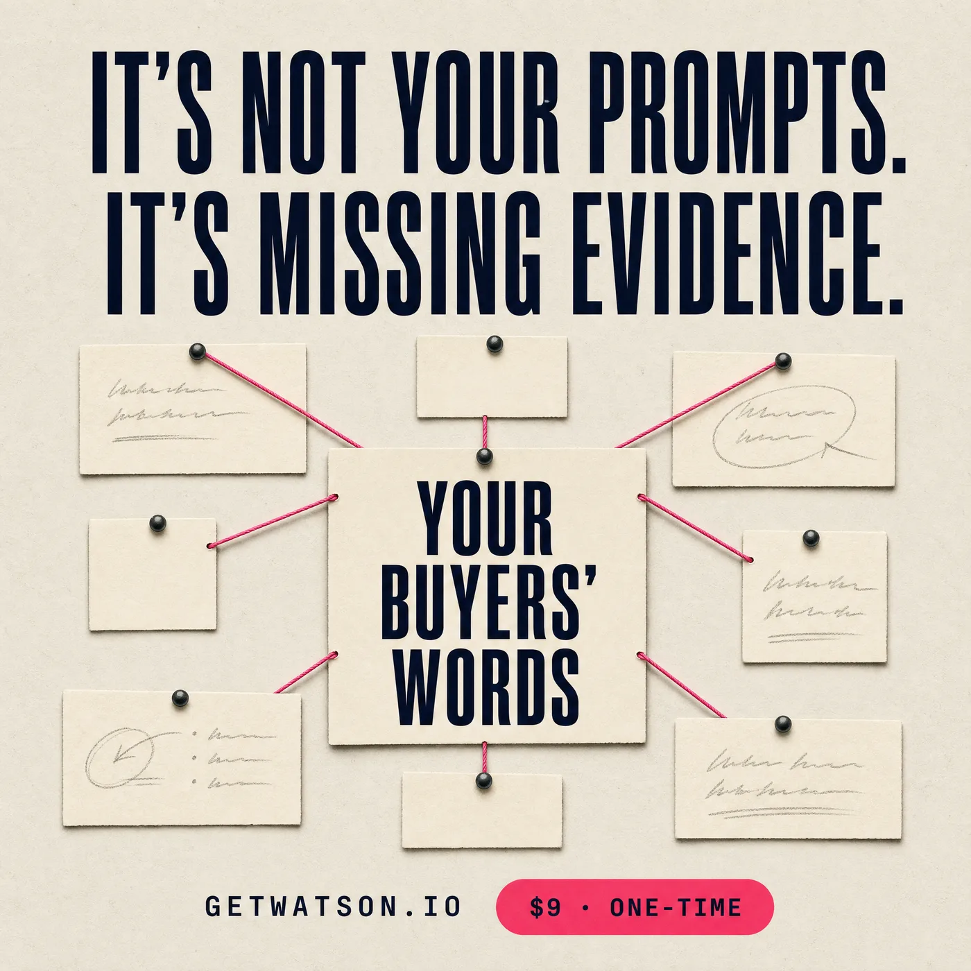 Evidence board with pinned note cards connected by pink string around the words: your buyers' words