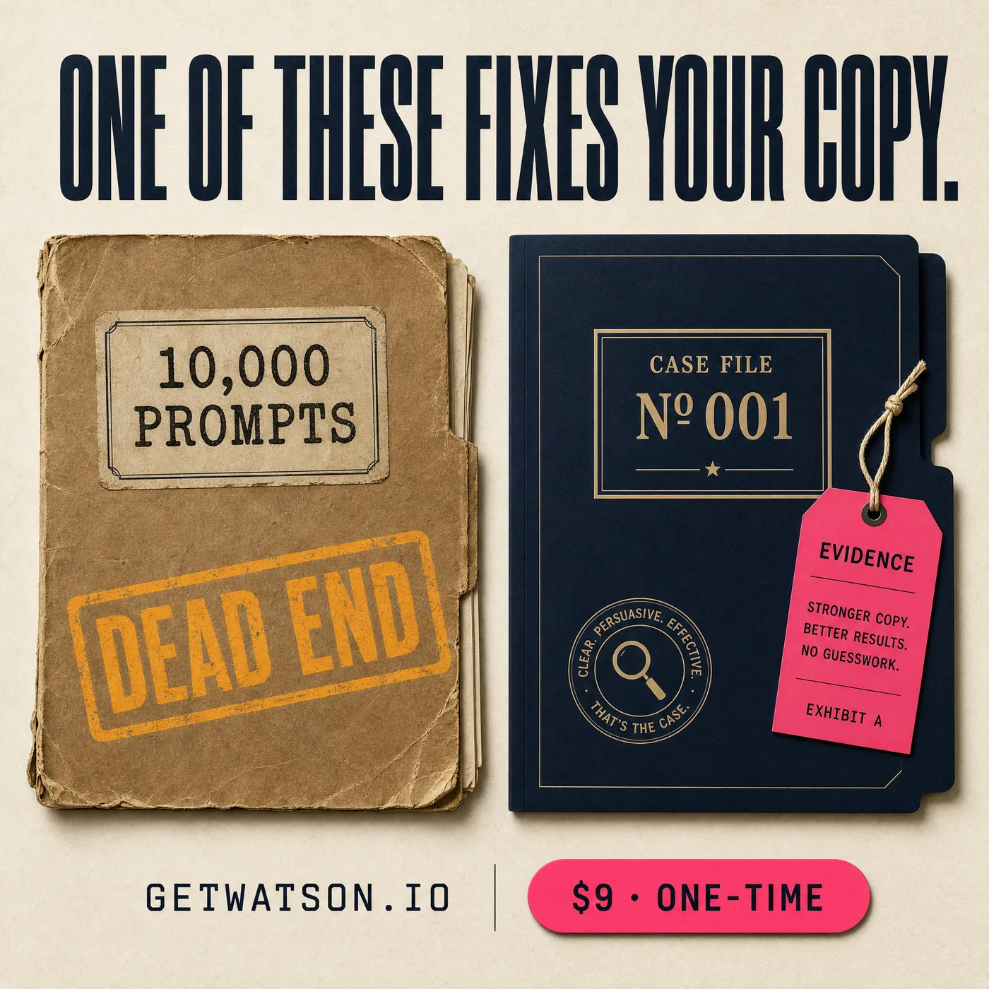 Split image: a worn folder of 10,000 prompts stamped dead end, next to Watson's case file number 001 with an evidence tag