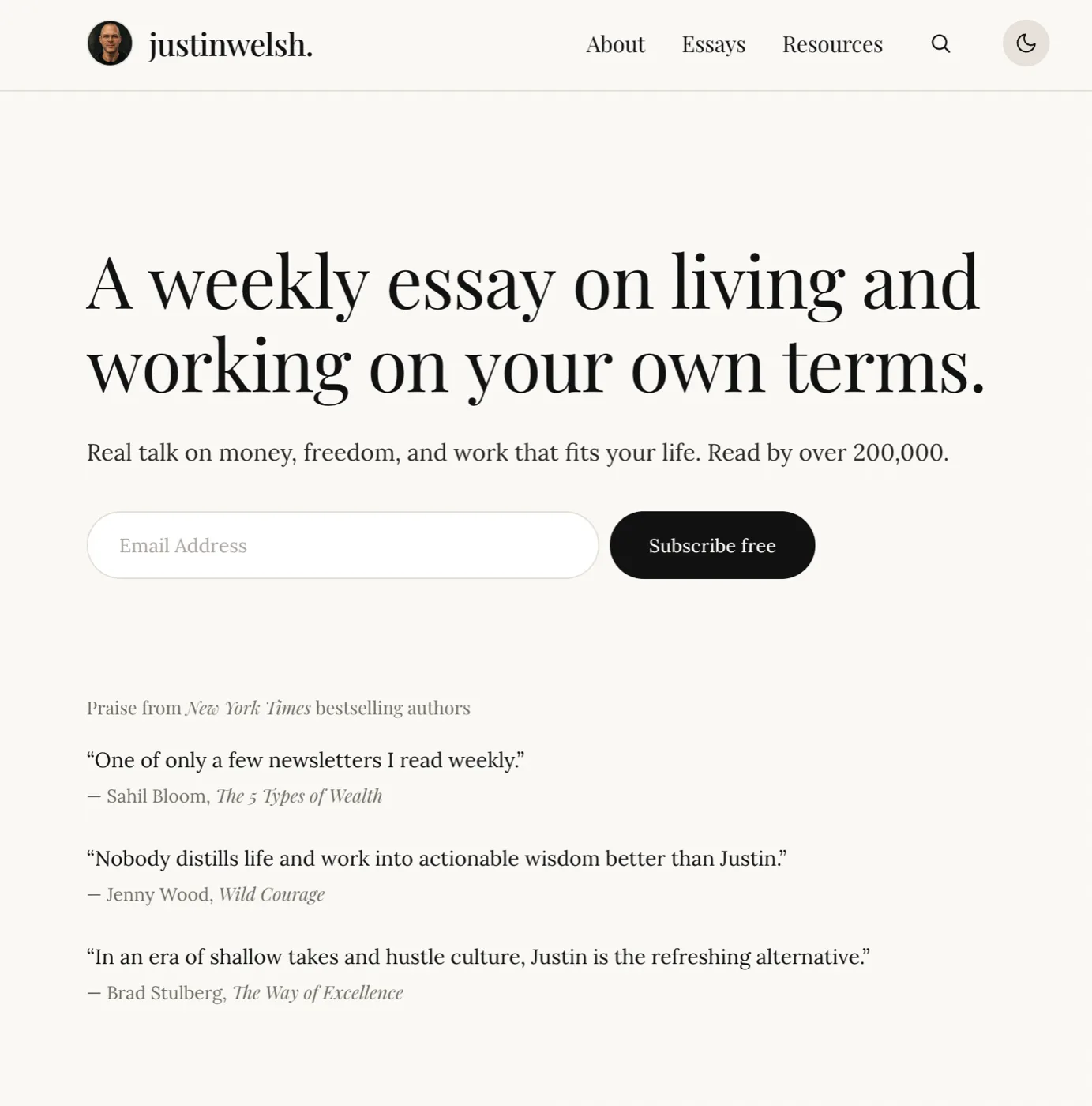 Justin Welsh's homepage as it looks in July 2026: a lean, essay-first layout with no glossary, no programmatic pages, just his name, his writing, and the newsletter.